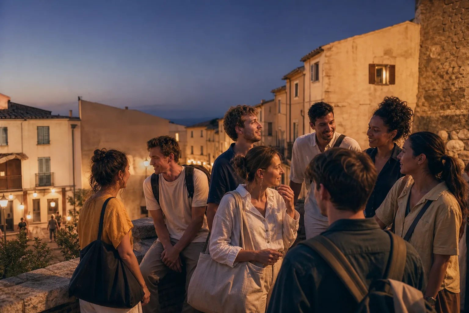 Members of a club talking together during a group trip in the evening light