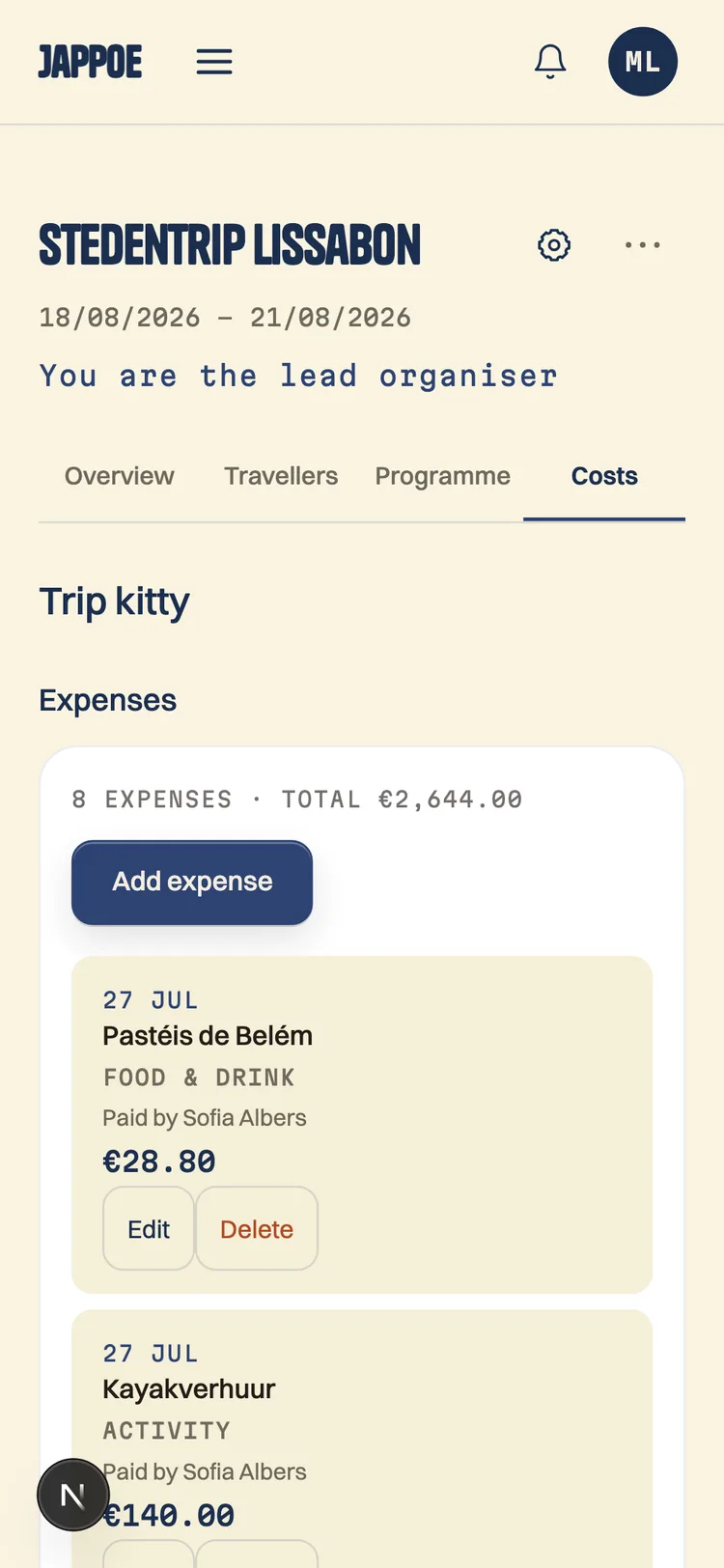 Jappoe showing the costs of a group trip