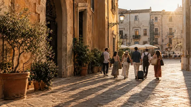 Travellers arrive together on a sunny street