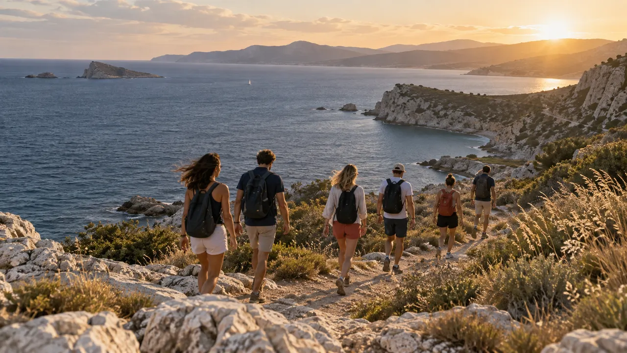 Friends walk together along the coast in the evening sun