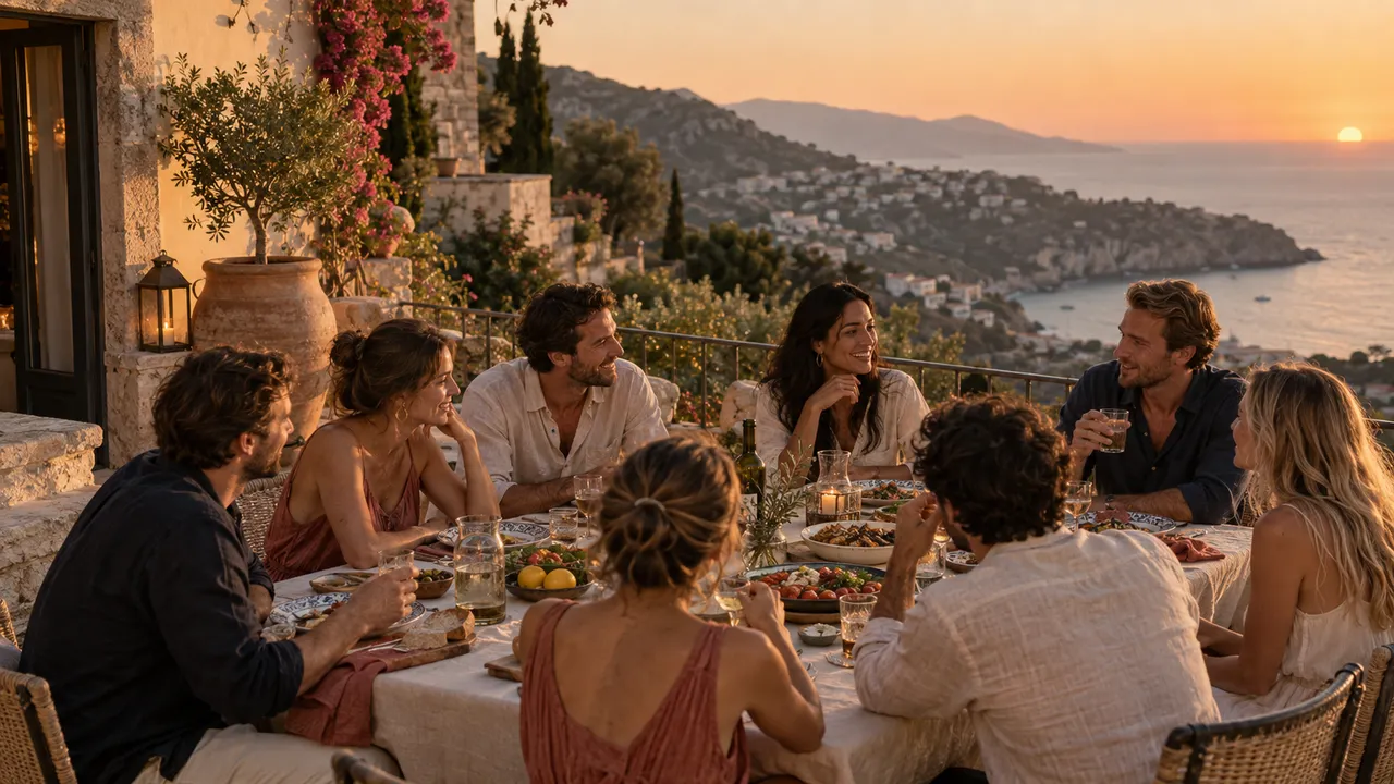 A group of friends shares dinner at a long table in the evening light